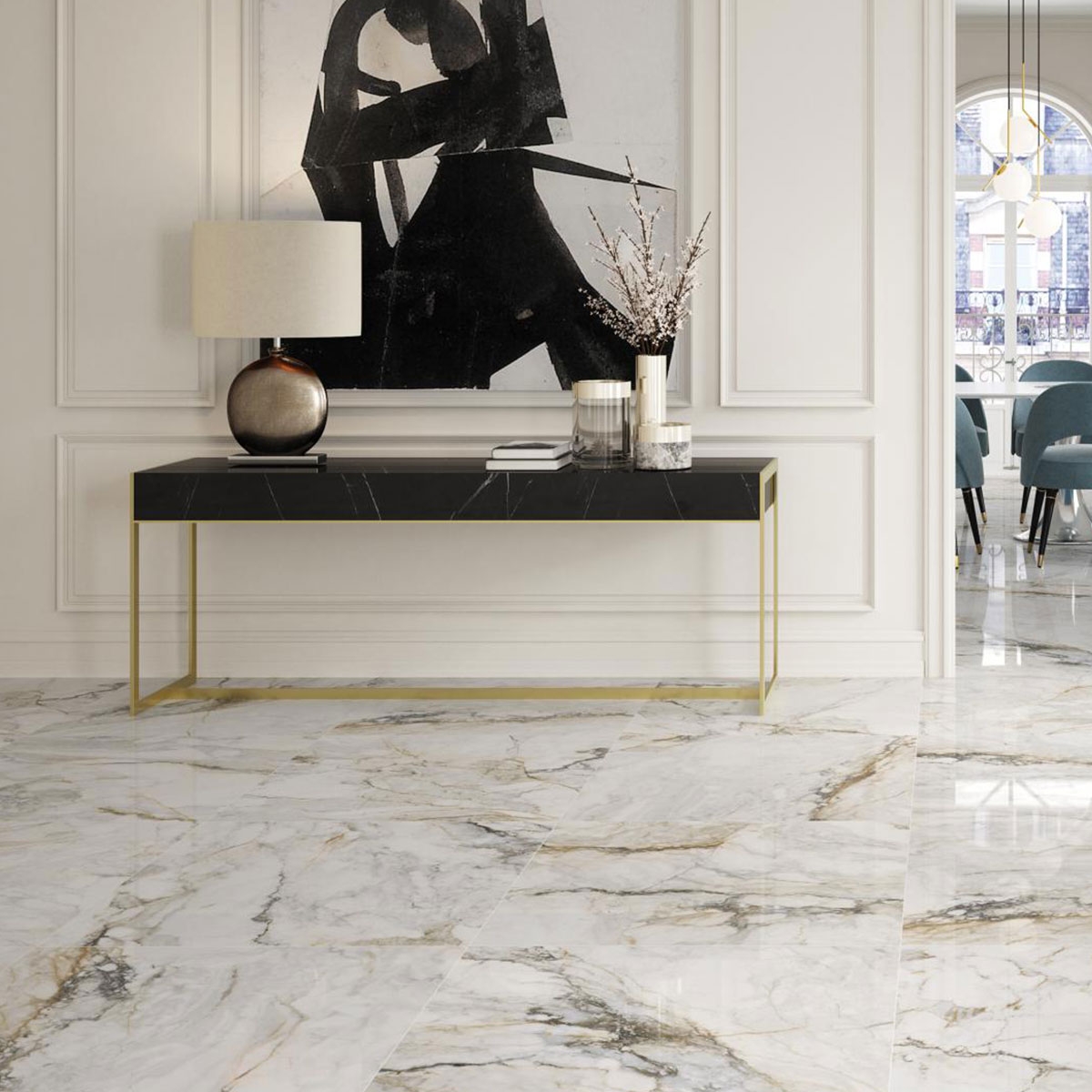 Interior with CR Pisa Gold Polished flooring 60x60