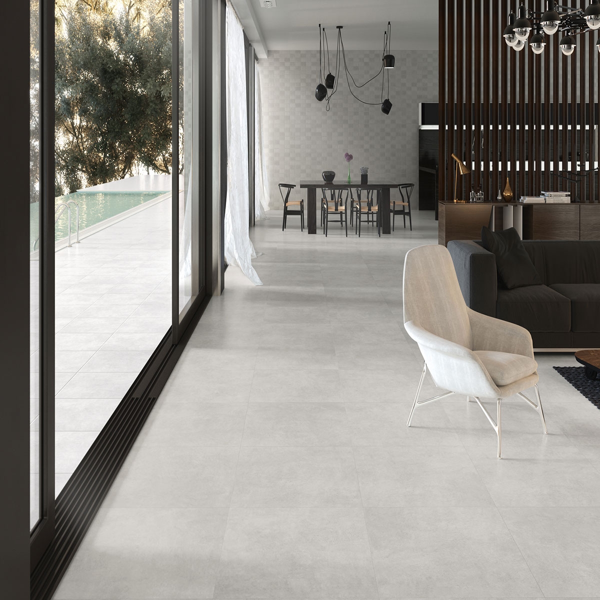 Interior e exterior com pavimento Foster White 60x60