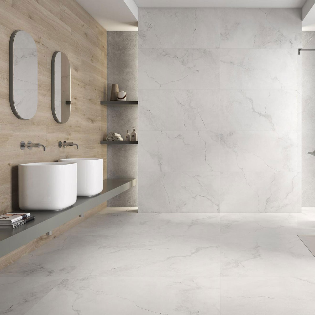 Interior con pavimento Creta White 60x120