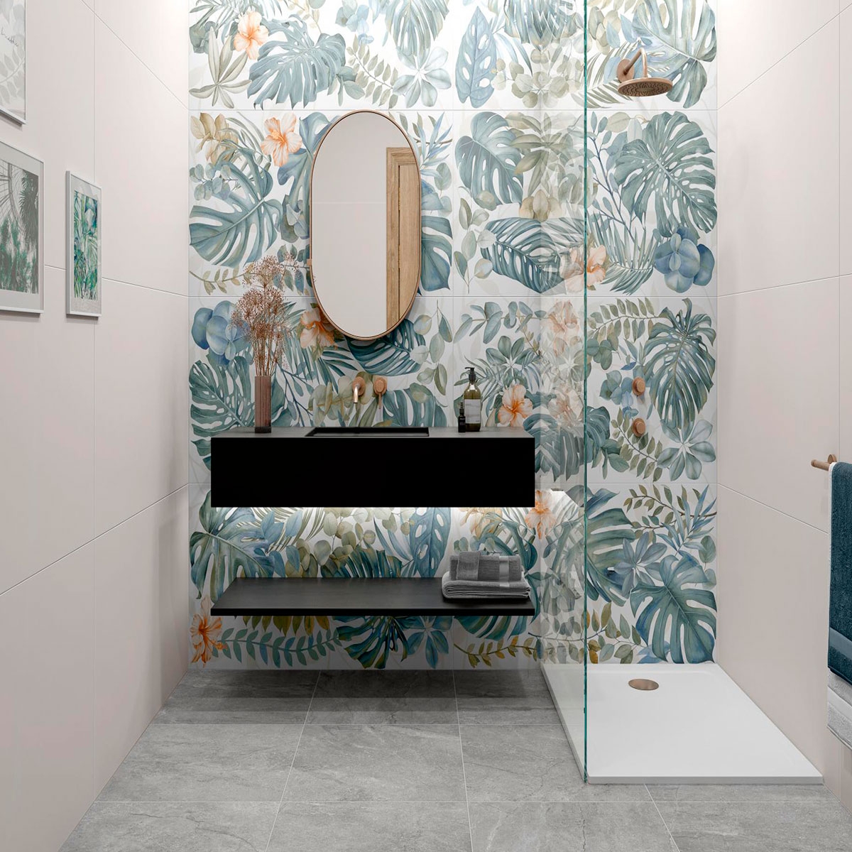 Salle de bain avec CR Wells Pearl Sol poli 60x60