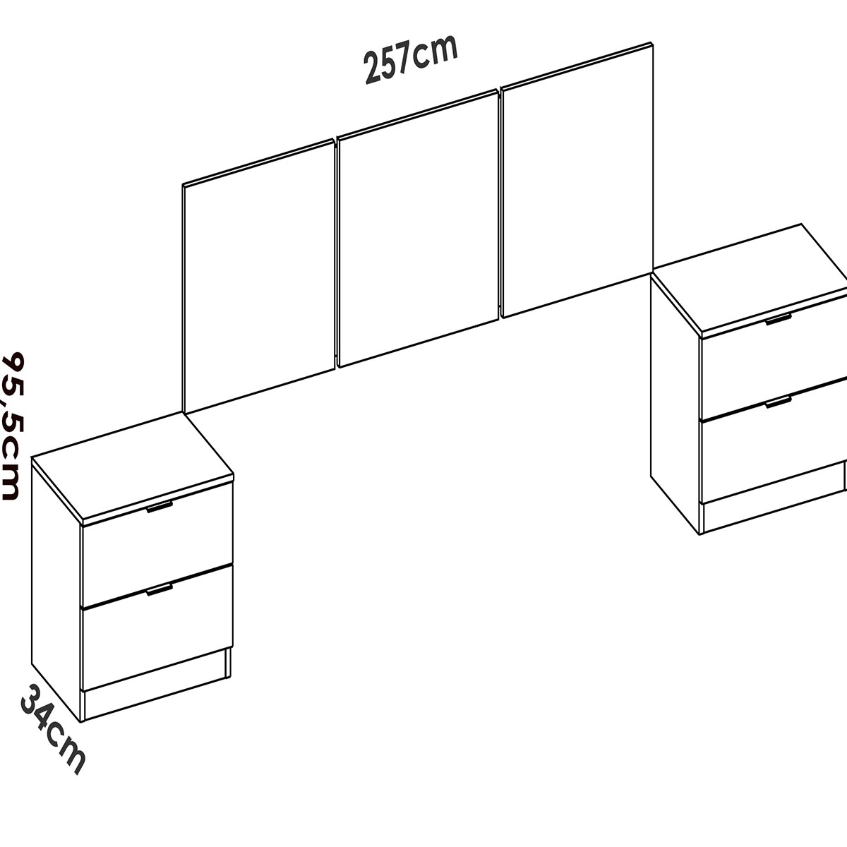 Havana Kopfteilmaße 3 Deckenleuchten + 2 Nachttische mit weißen Schubladen
