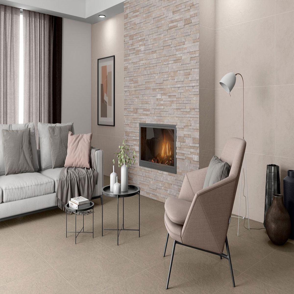 Wohnzimmer mit CR Block Cappuccino-Verkleidung 16,3x51,7