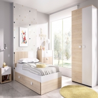 Dina Bett 4 90x190 + 2 Schubladen + Nachttisch + Kommode 3 Schubladen + Kleiderschrank