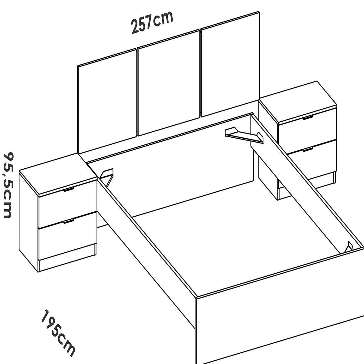Medidas de Cabezal Havana 3 Plafones + 2 Mesitas con 2 Cajones + Aro 135-140x190 Blanco