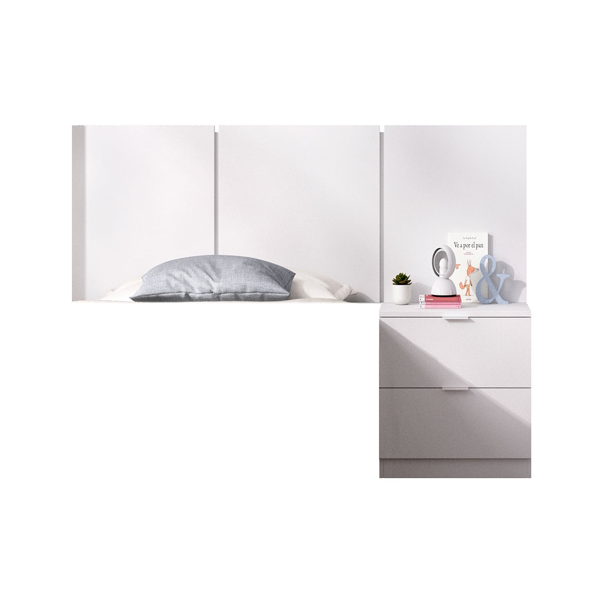 Bito Kopfteil: 3 Deckenleuchten + 2 Schubladen-Nachttisch. Weiß – 4