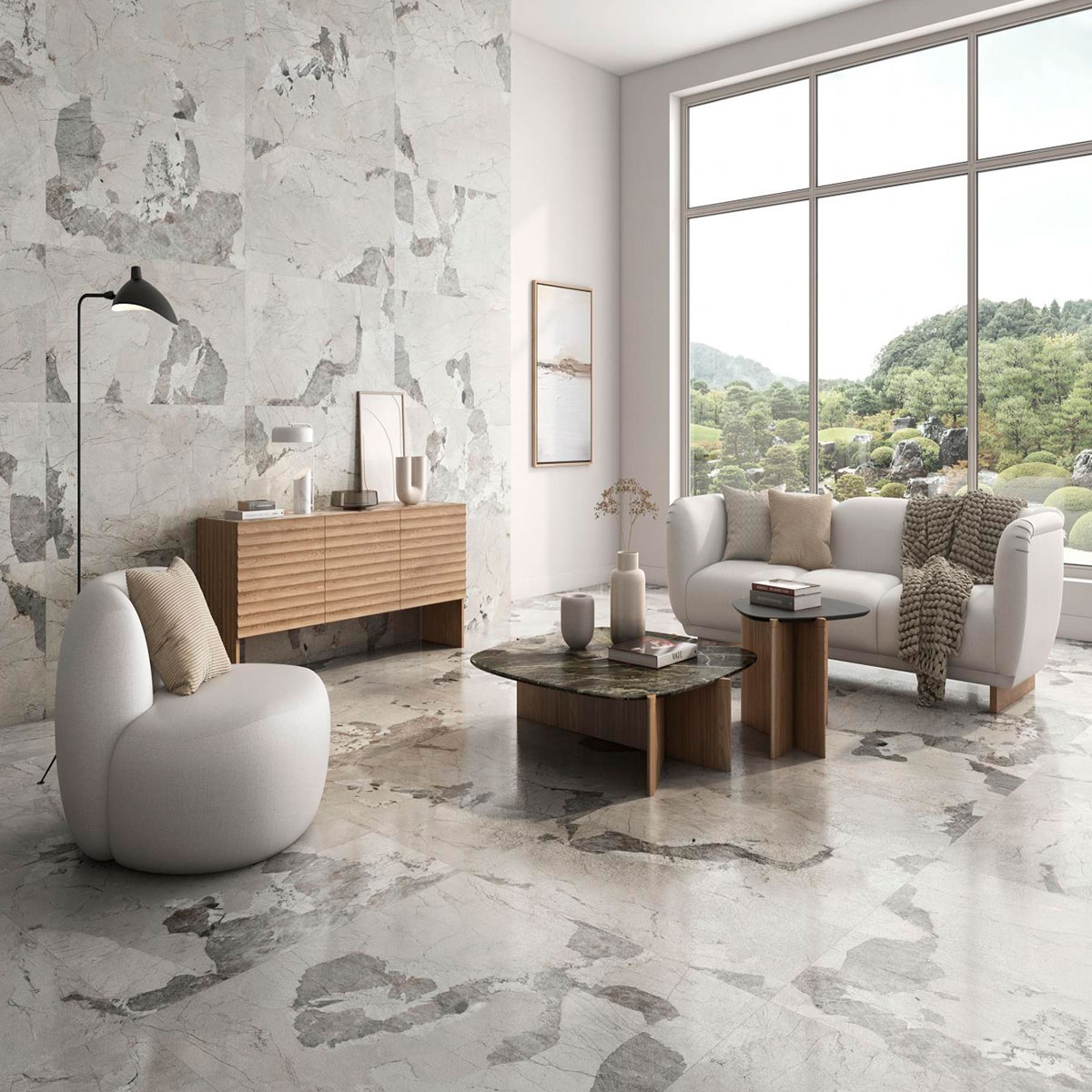 Interior con pavimento Patagonia White 60x120