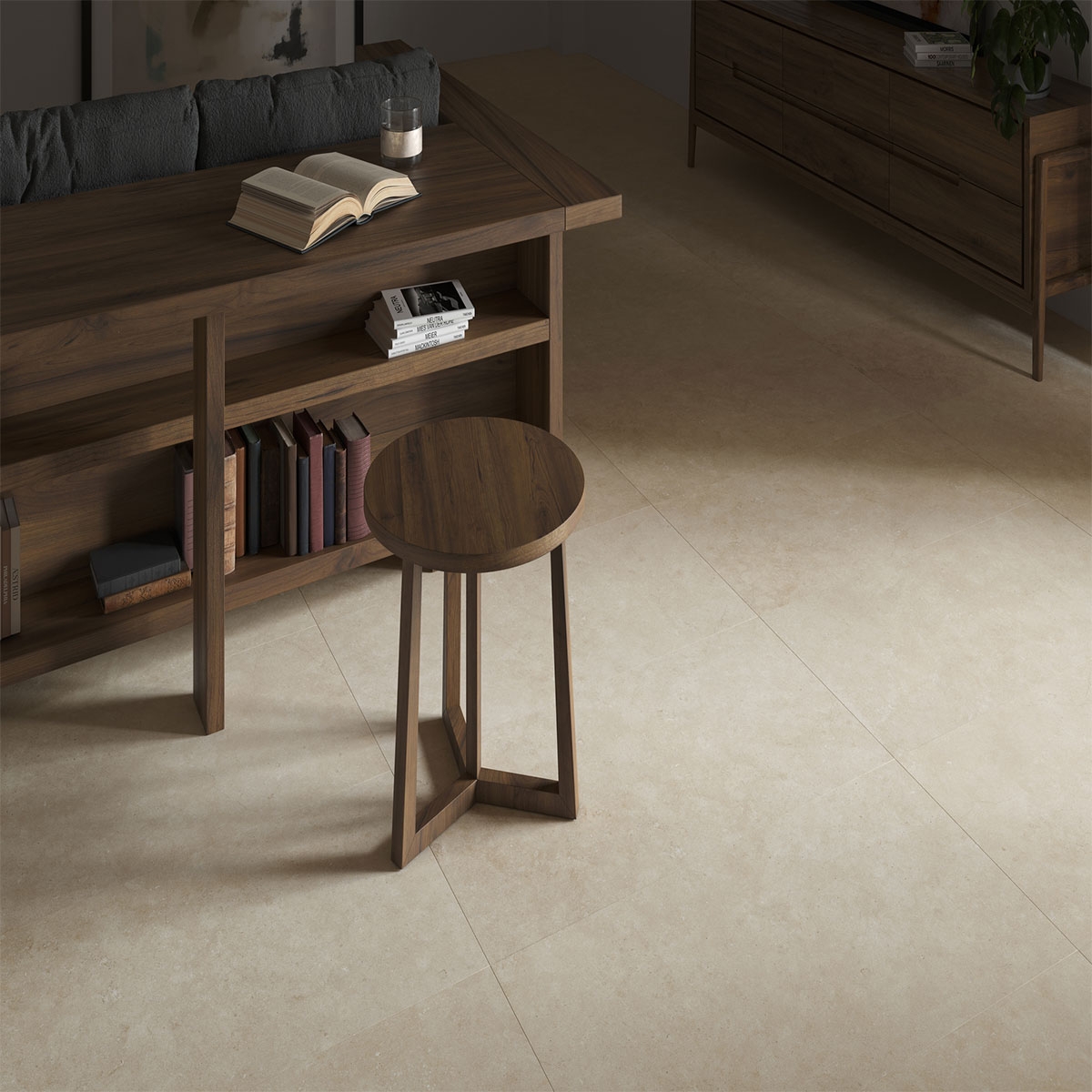 Interior con pavimento Elba Sand 60x120