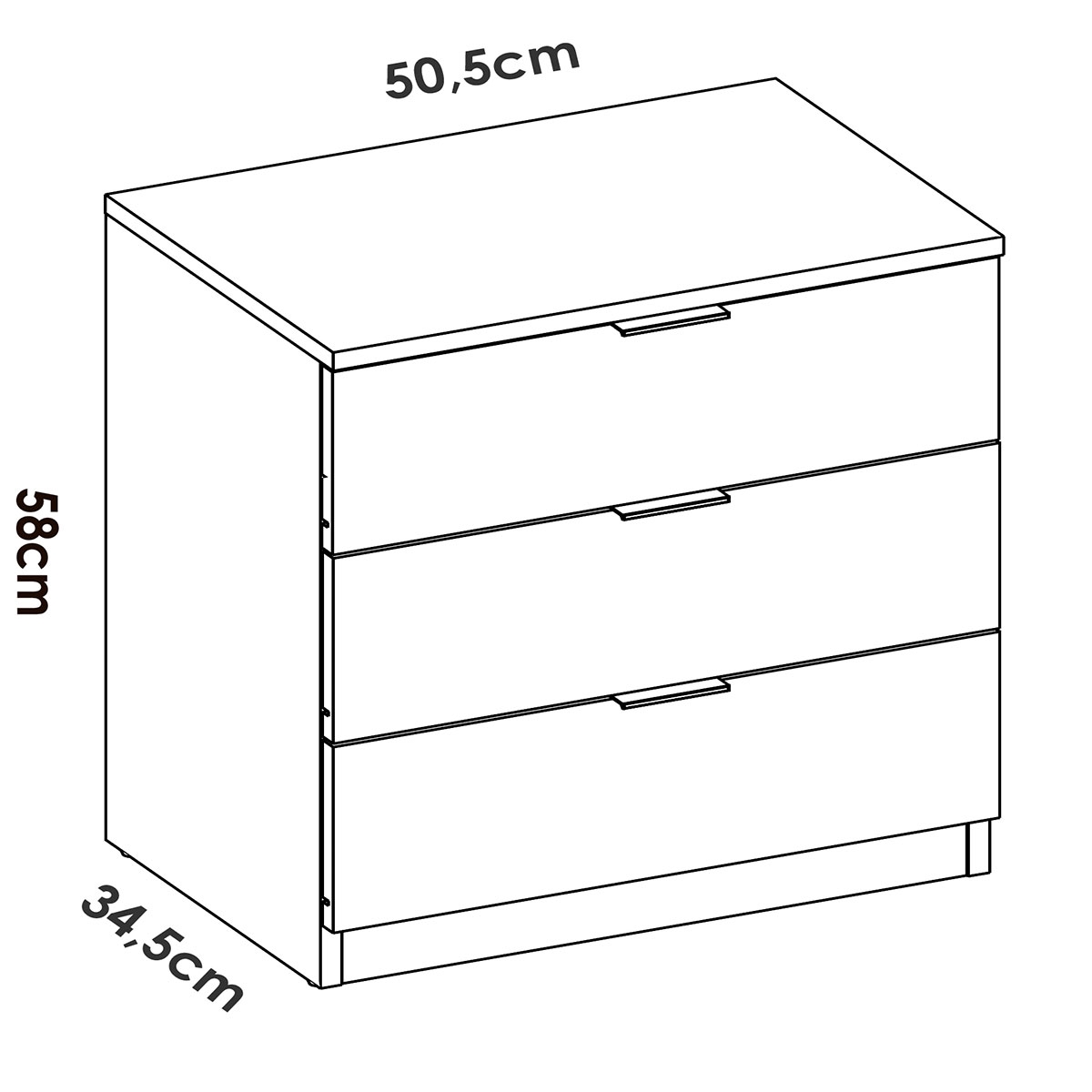 Measurements of Lago 3 Drawer White Nightstand