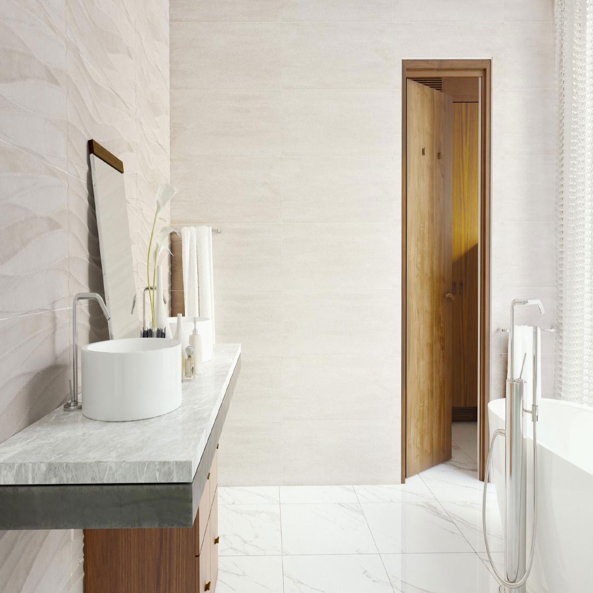 Salle de bain avec revêtement Silkstone Relief White 30x90