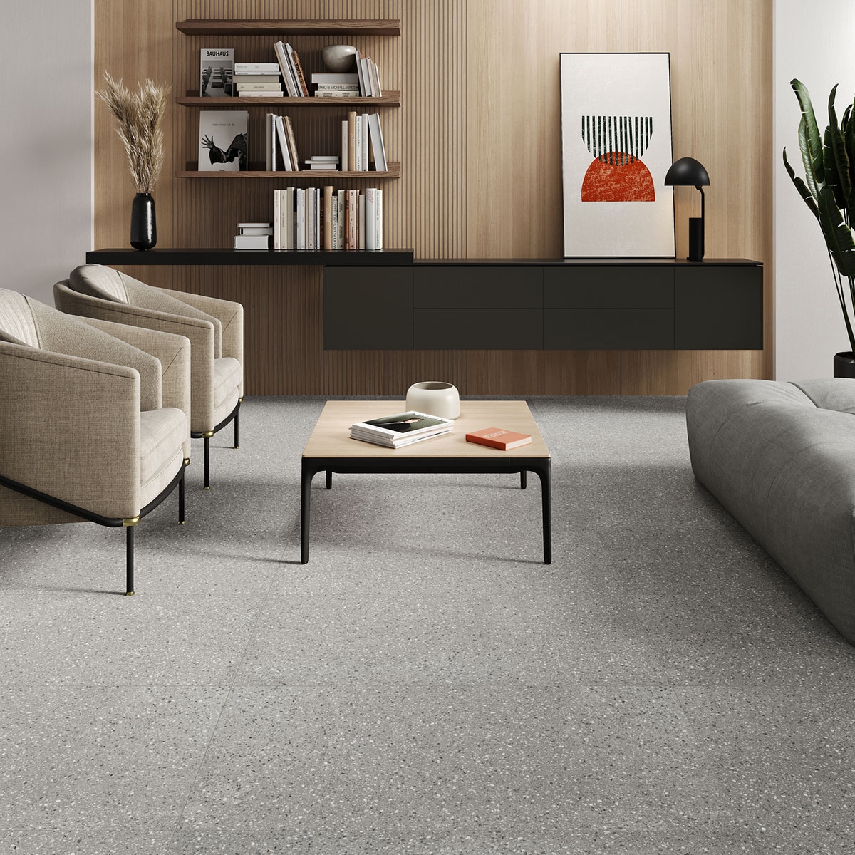 Sala com piso Goldoni Grigio 60x120