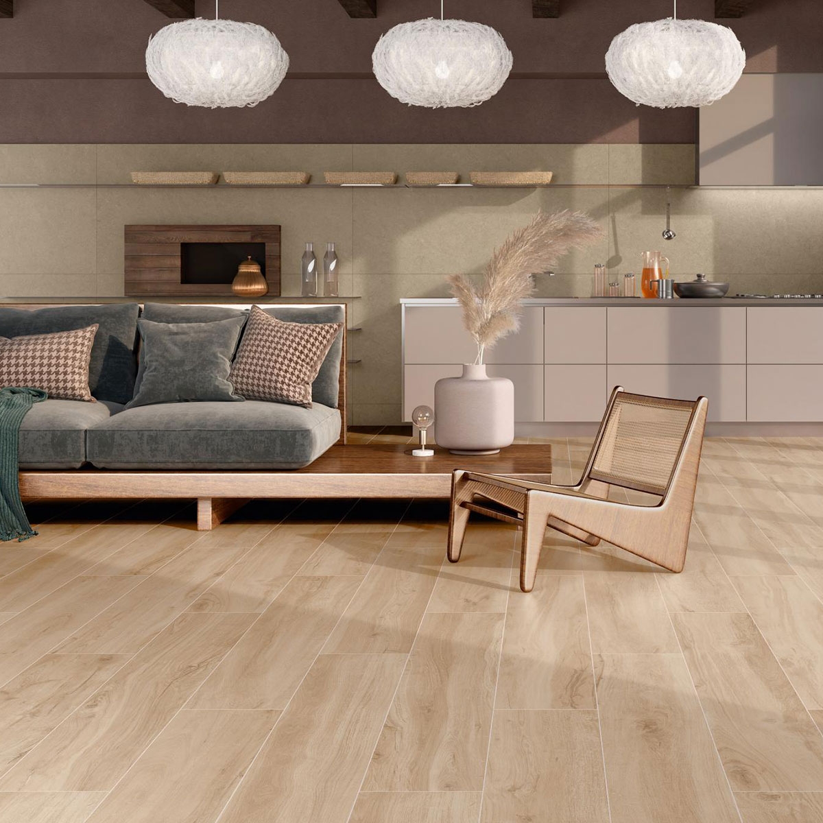 Wohnzimmer mit Boden Rovere Honey rutschfest 20x120