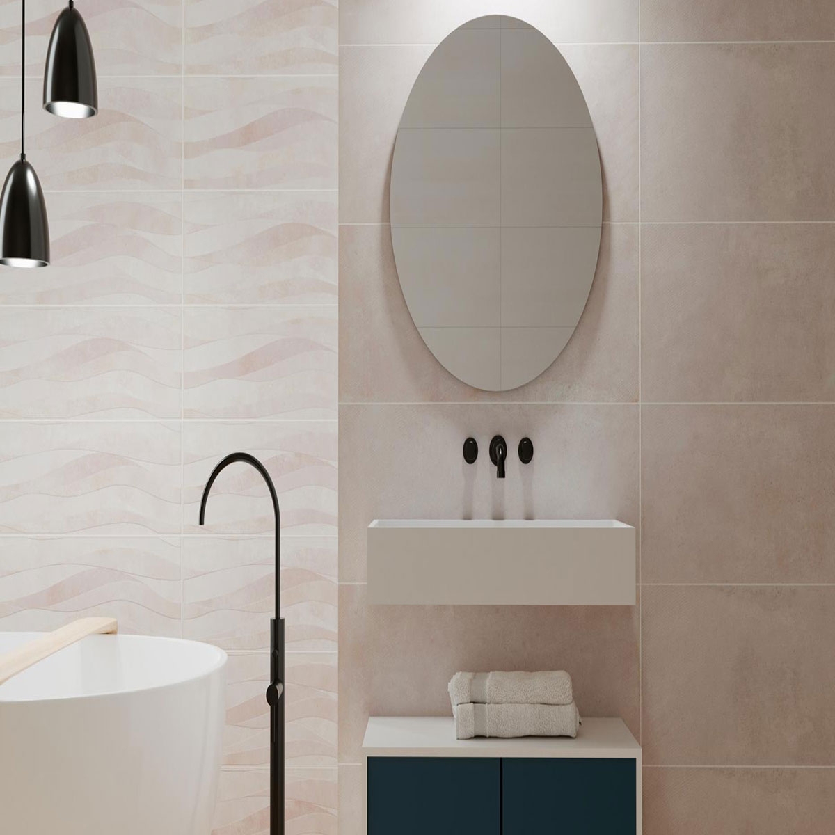 Salle de bain avec revêtement Silkstone Relief Sand 30x90