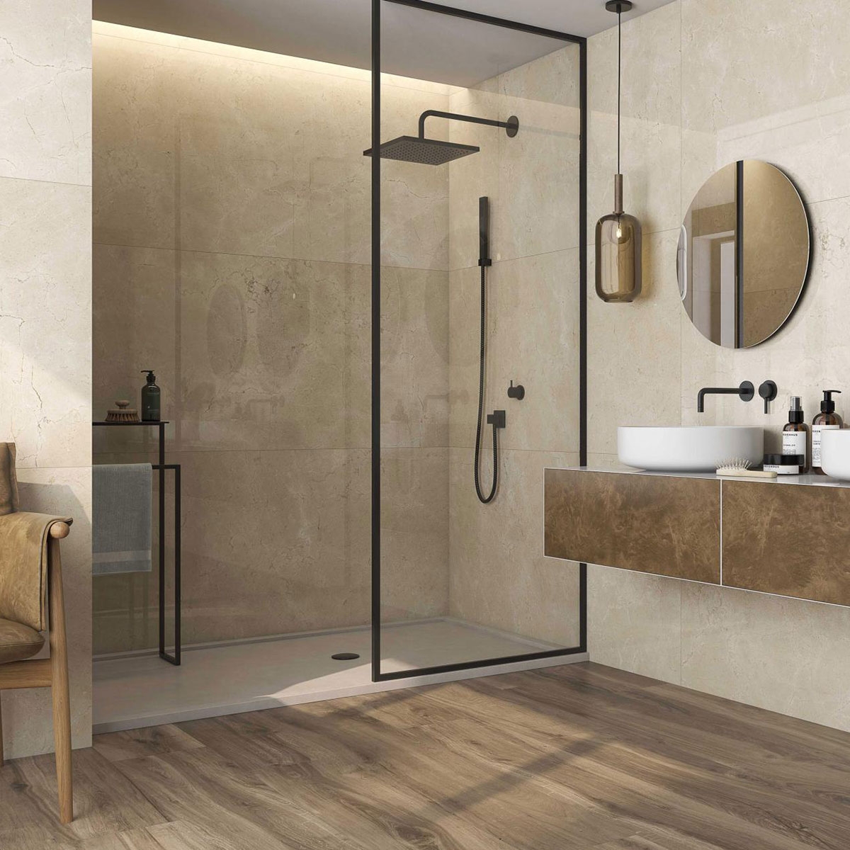 Salle de bain avec sol CR Rovere Brown 20x120