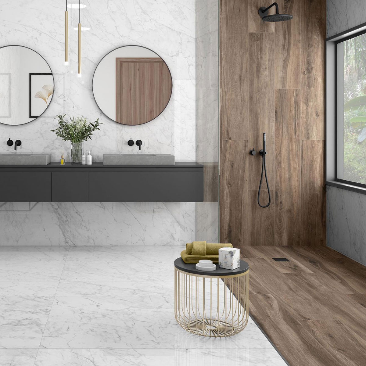 Salle de bain avec sol et revêtement CR Rovere Brown 20x120