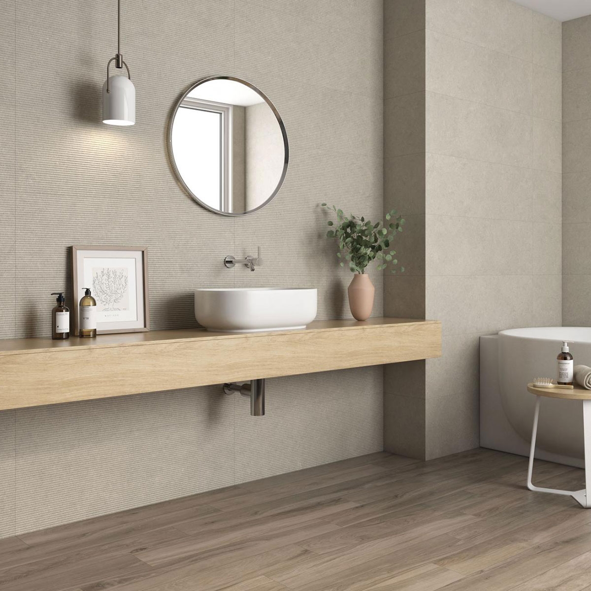 Salle de bain avec sol CR Rovere Bark 20x120