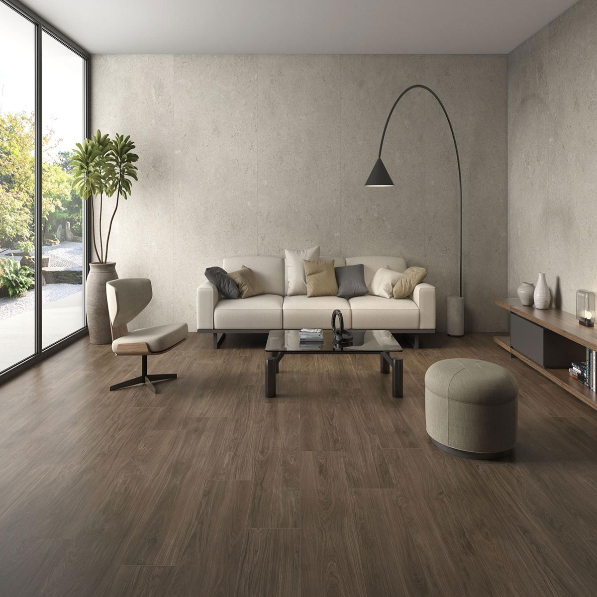 Interior com pavimento Kalon Walnut 20x120