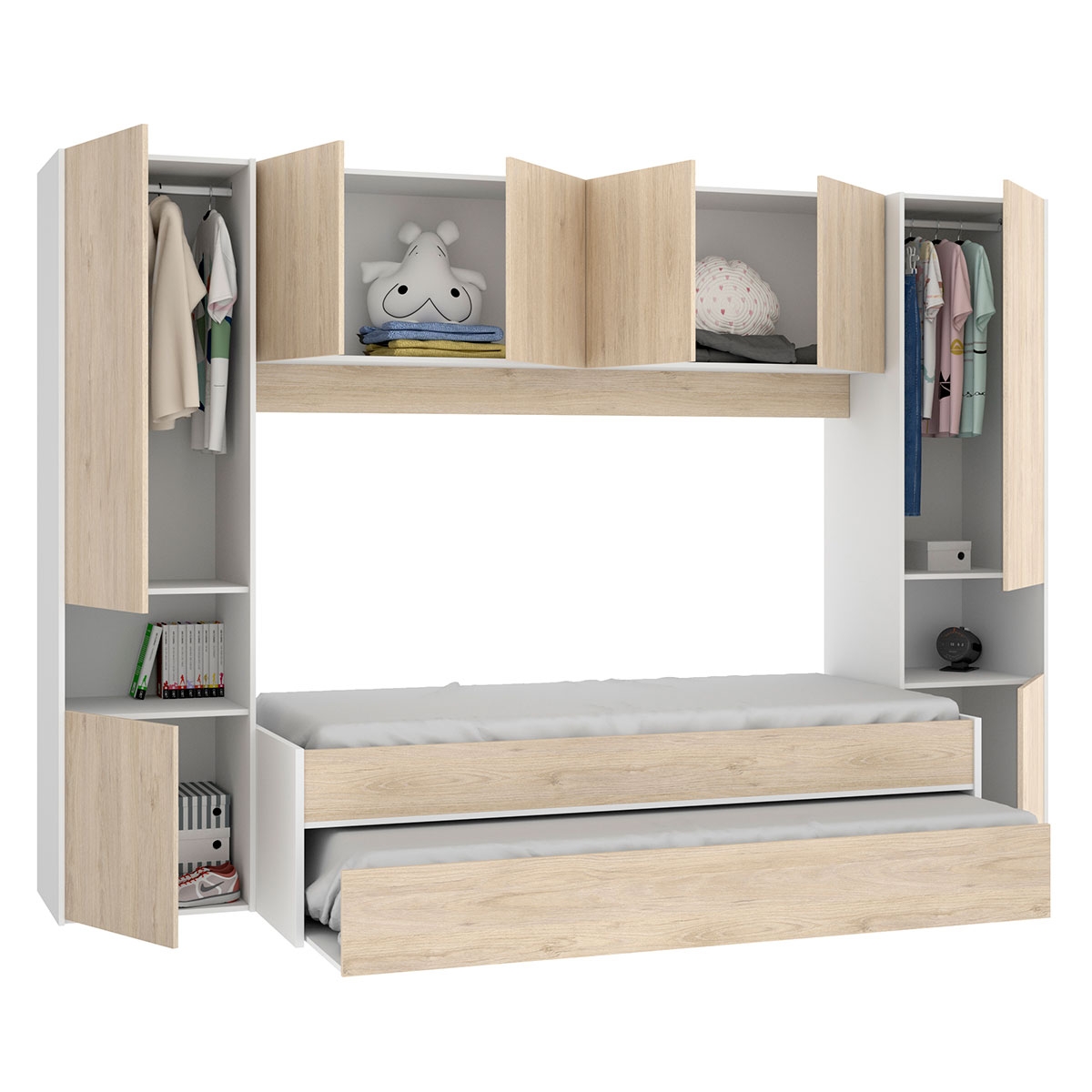 2 Betten mit Kleiderschrank und Loft Kwai Weiß/Natur.