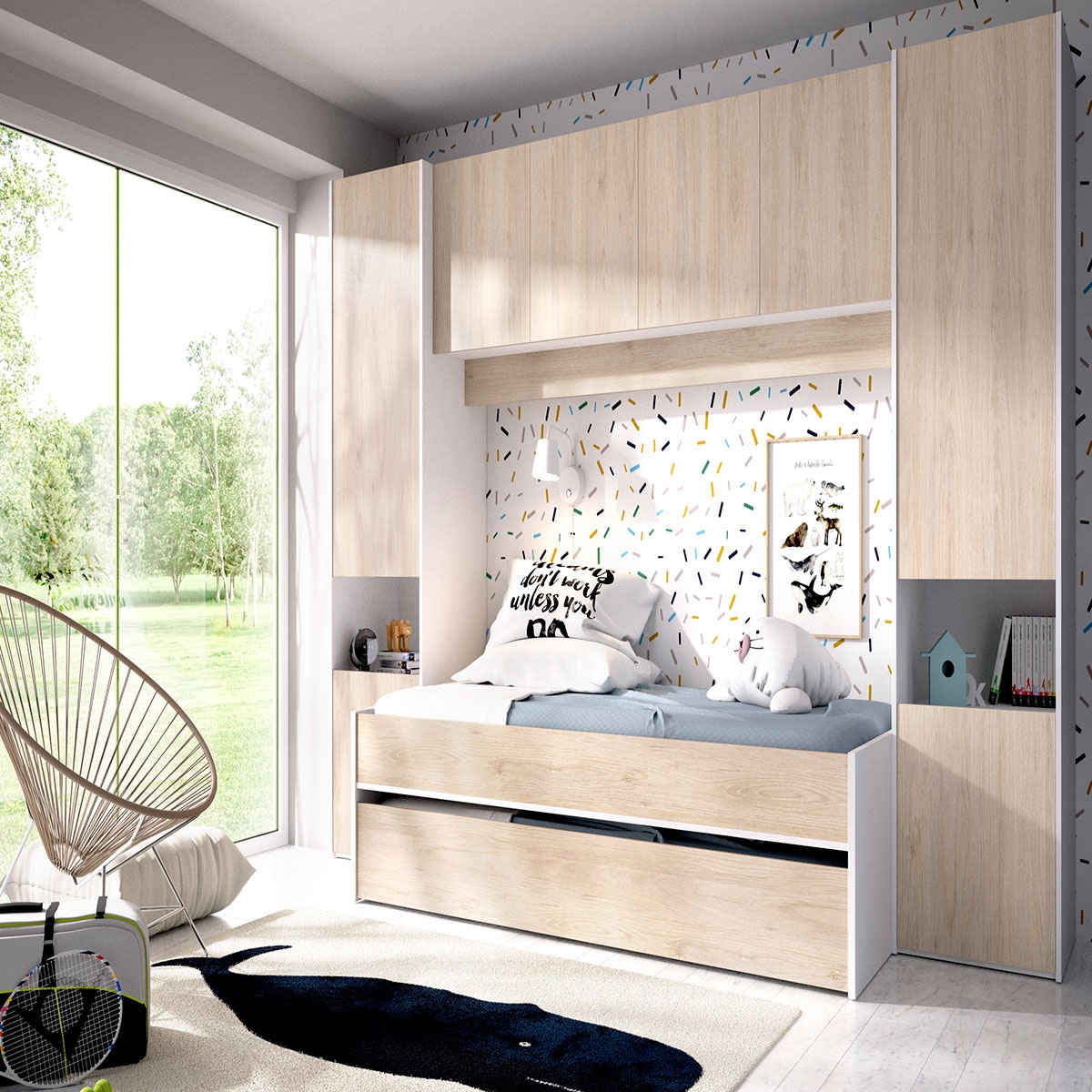 Zimmer mit 2 Betten, Kleiderschrank und Loft Kwai Weiß/Natur.