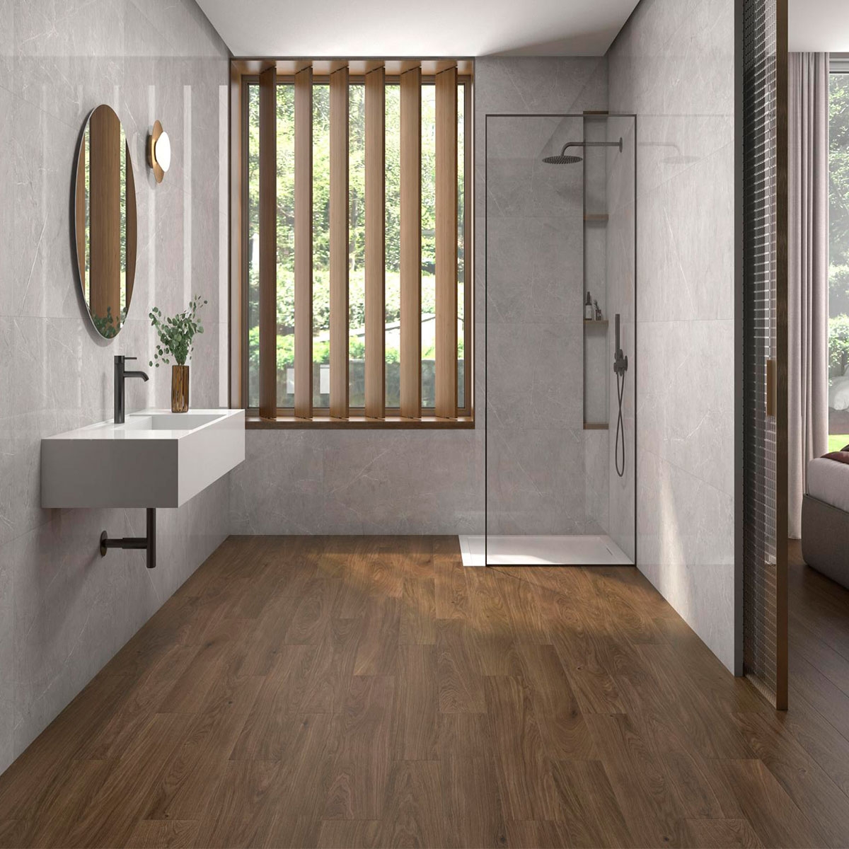 Interior con pavimento Kalon Cerezo 20x120