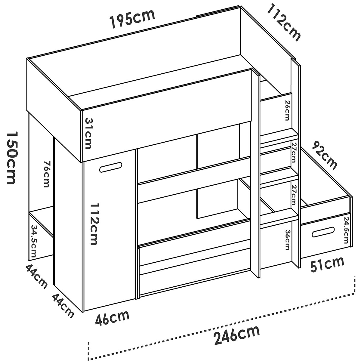 Kos Train Bed Measurements 2 Beds 90x190