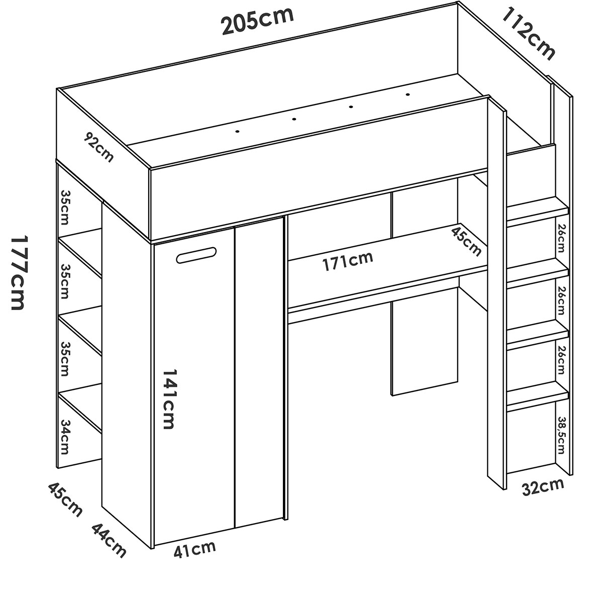 Spylo Hochbettmaße 90x200 mit Arbeitstisch und Kleiderschrank