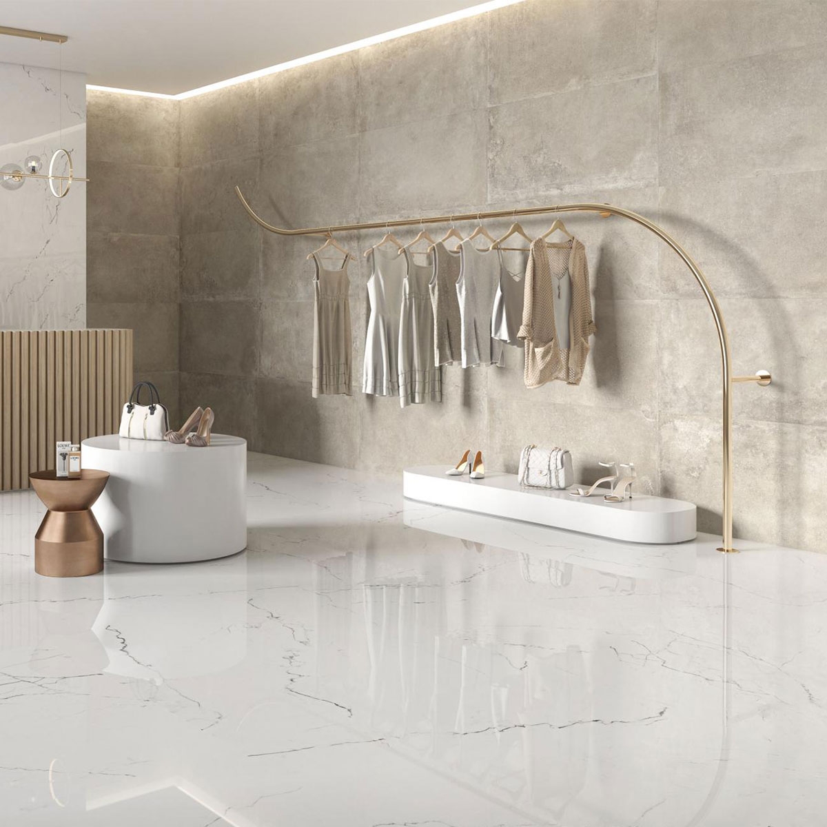 Interior con pavimento Midway Beige 120x120