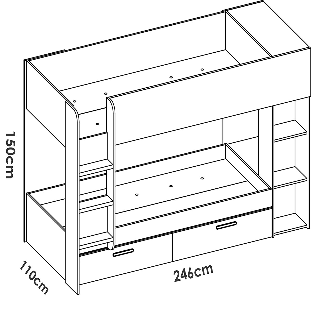 Dimensions de deux lits superposés Vinty 90X200 avec rangement