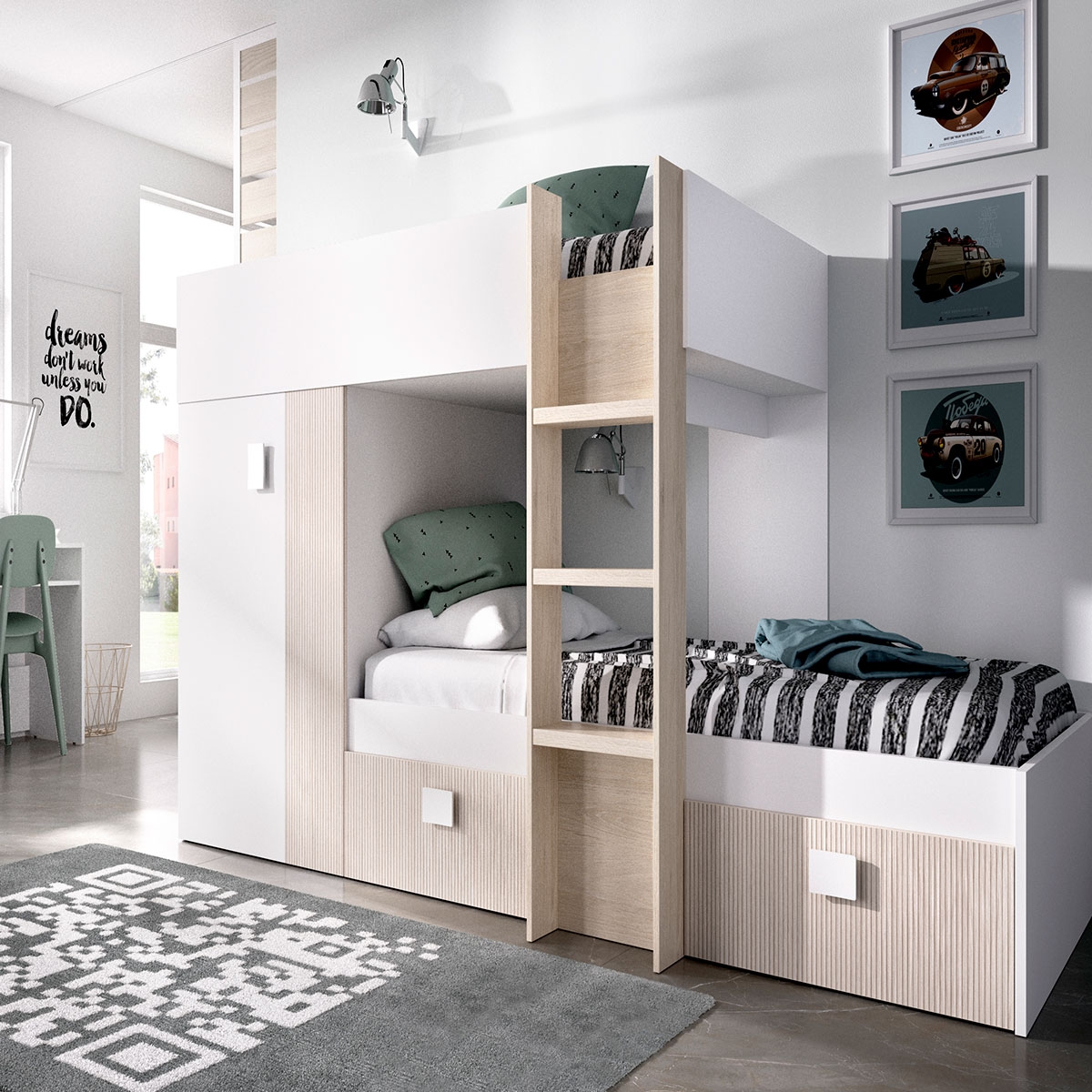 Zimmer mit Groe-Etagenbett mit Kleiderschrank und 2 Schubladen