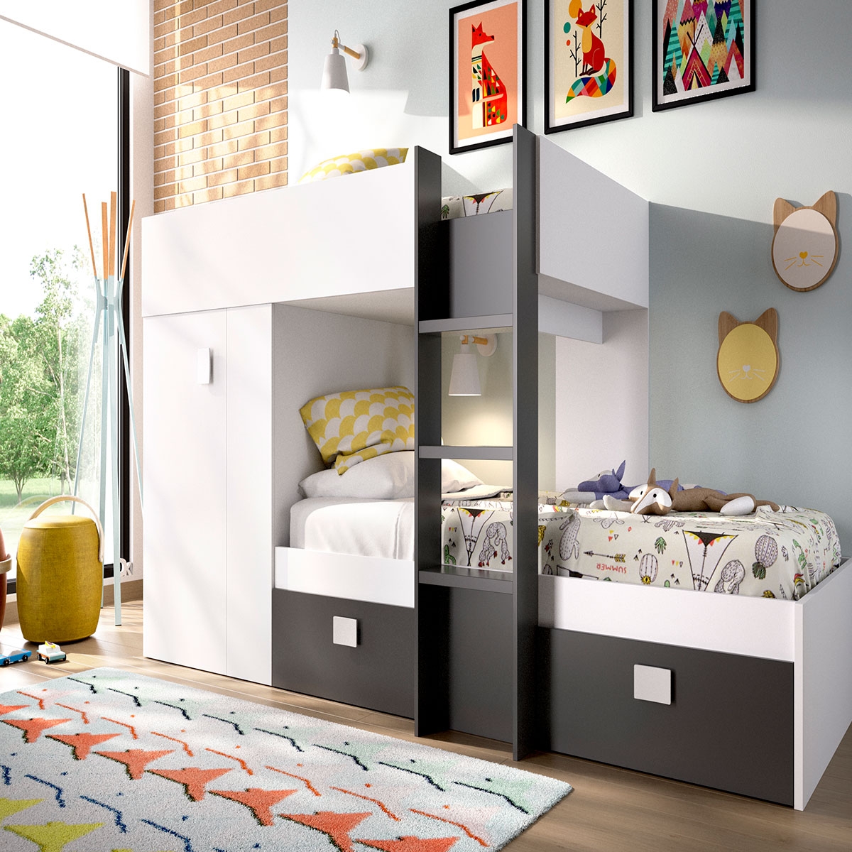 Quarto com Cama Groe Train com Roupeiro e 2 Gavetas Branco/Grafite