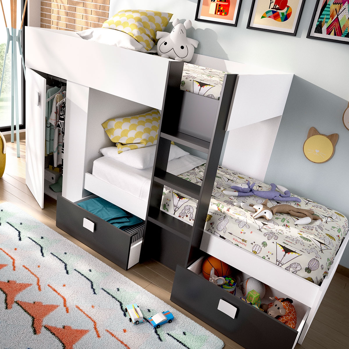 Zimmer mit Zugbett mit Kleiderschrank und 2 Schubladen: Weiß/Graphit - 2