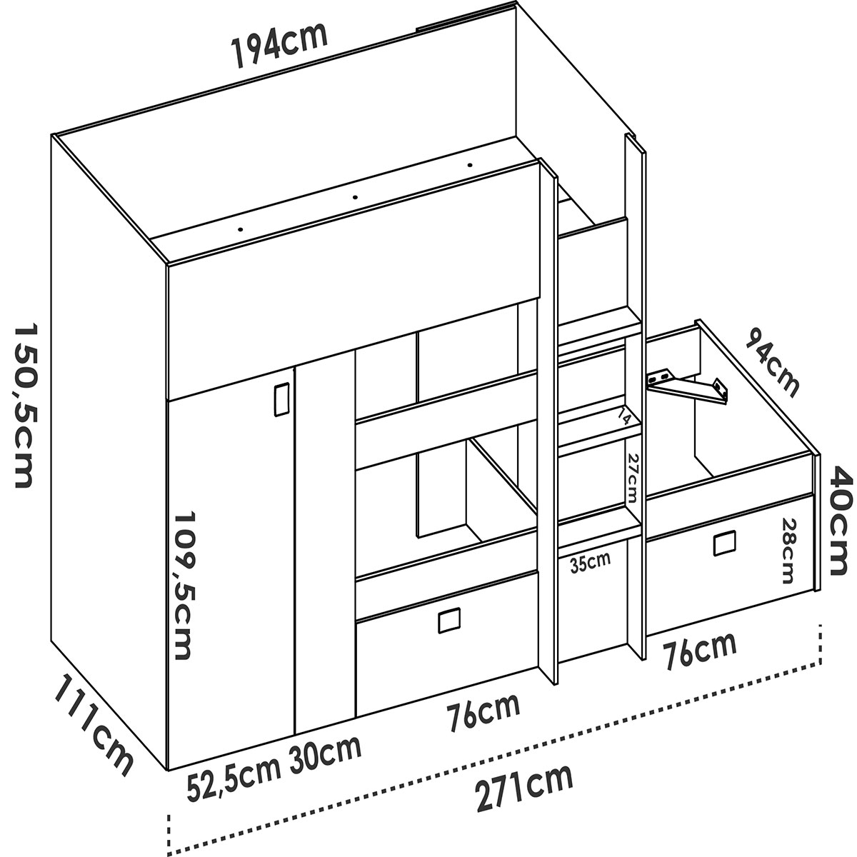 Dimensions du lit Groe Train avec armoire et 2 tiroirs Blanc/Graphite