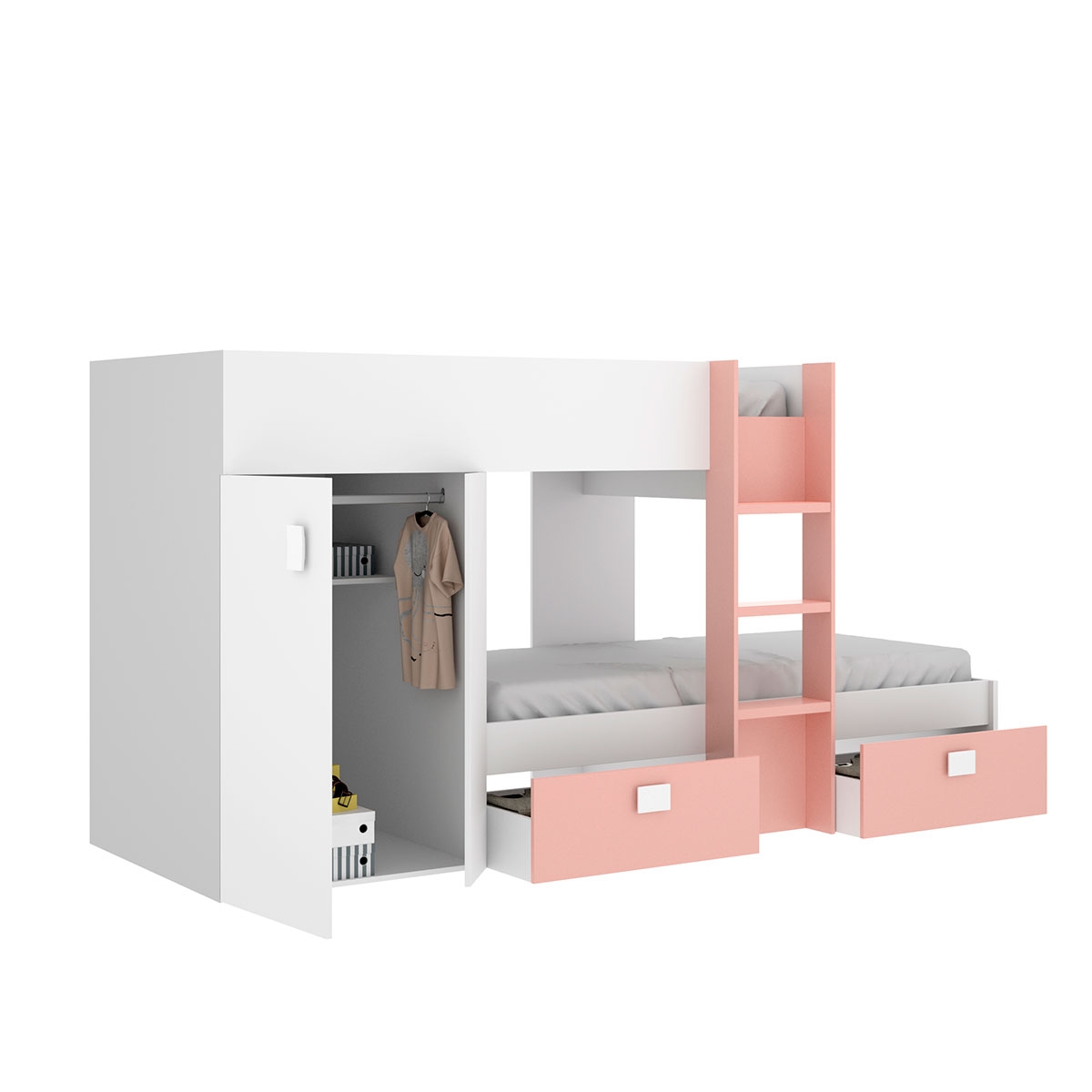 Tren Groe Bett mit Kleiderschrank und 2 Schubladen: Weiß/Pink – 2