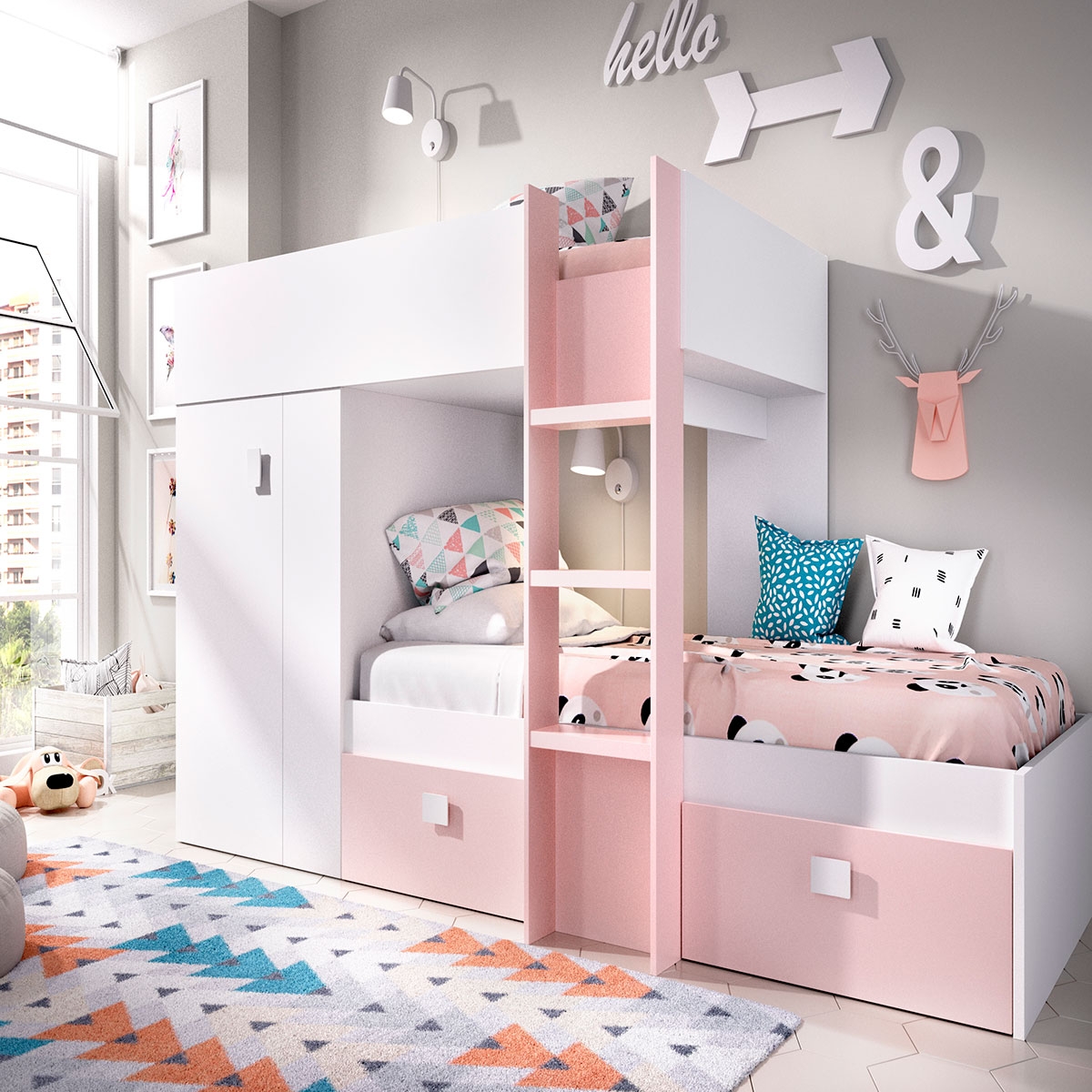 Ambiente mit Train Groe Bett mit Kleiderschrank und zwei Schubladen in Weiß/Pink