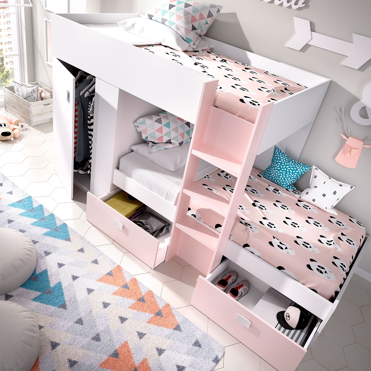 Zimmer mit Zug Groe-Bett mit Kleiderschrank und 2 Schubladen: Weiß/Pink - 2