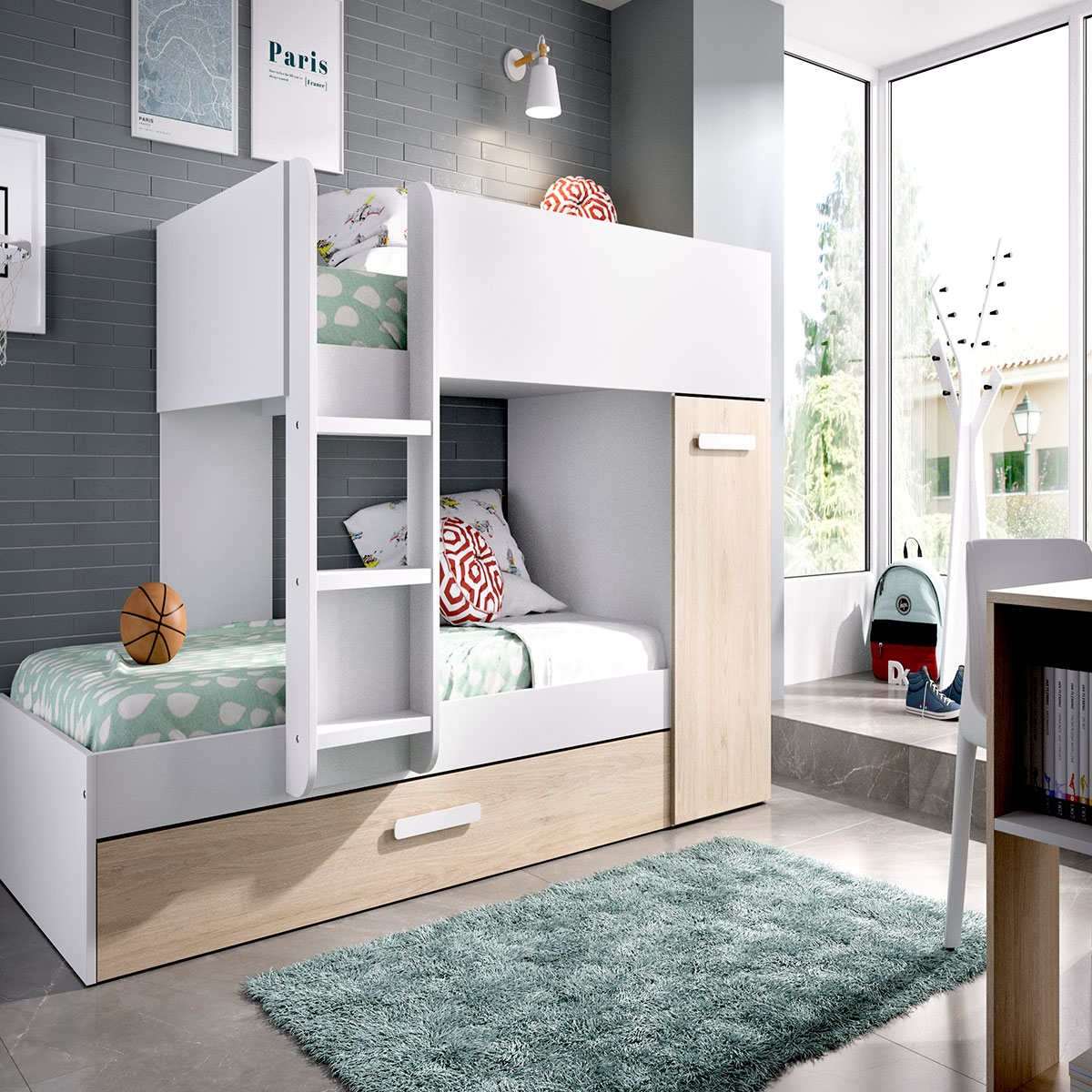 Ambiente mit Tom Train Bed 3 Betten Weiß/Natürlich