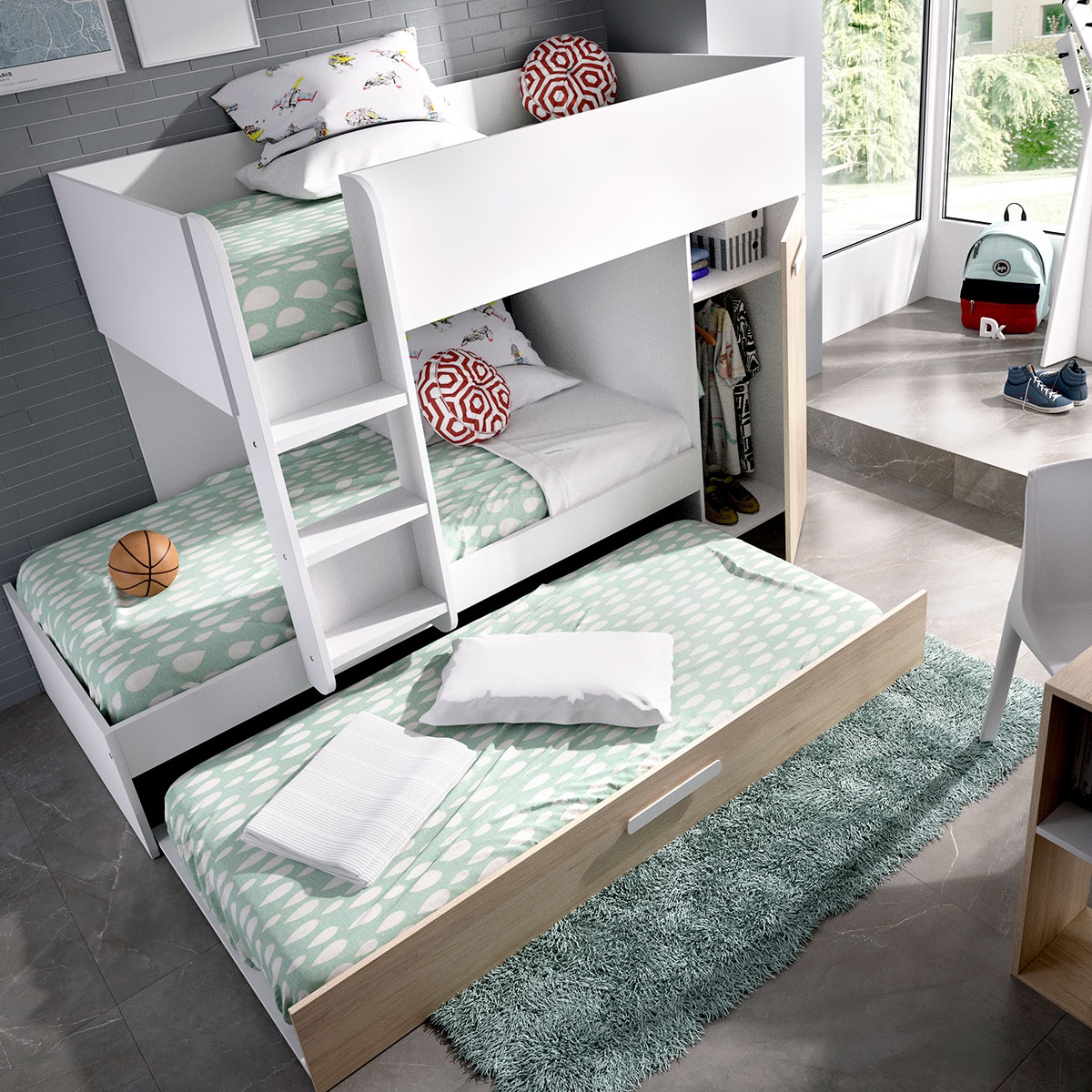 Ambiente mit Tom Train Bed 3 Betten Weiß/Natürlich - 2