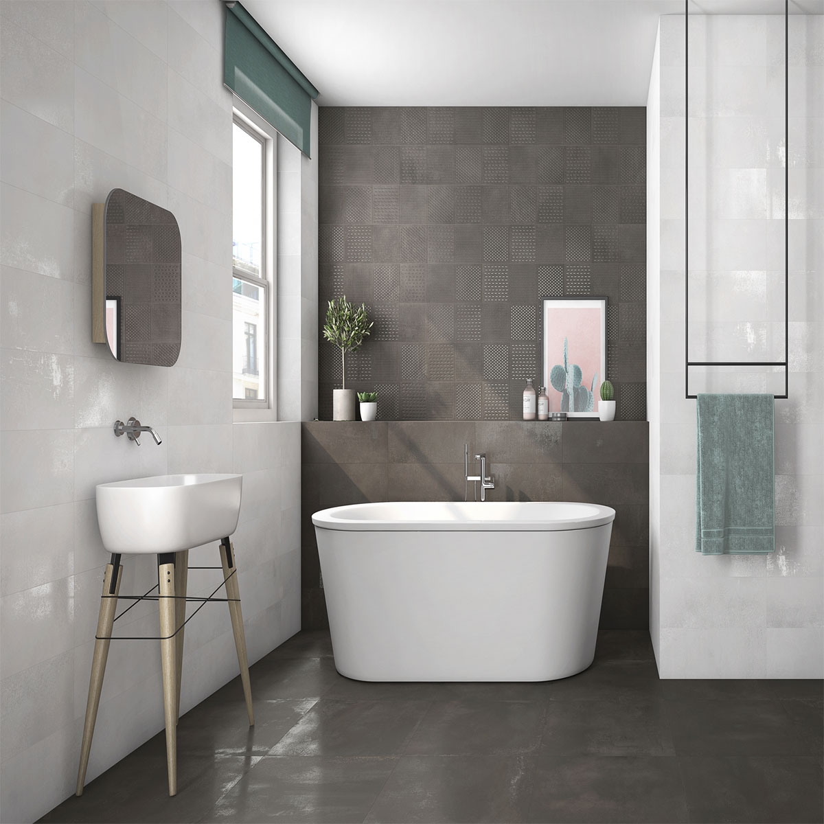 Salle de bain avec revêtement Gravity Iron 20x60