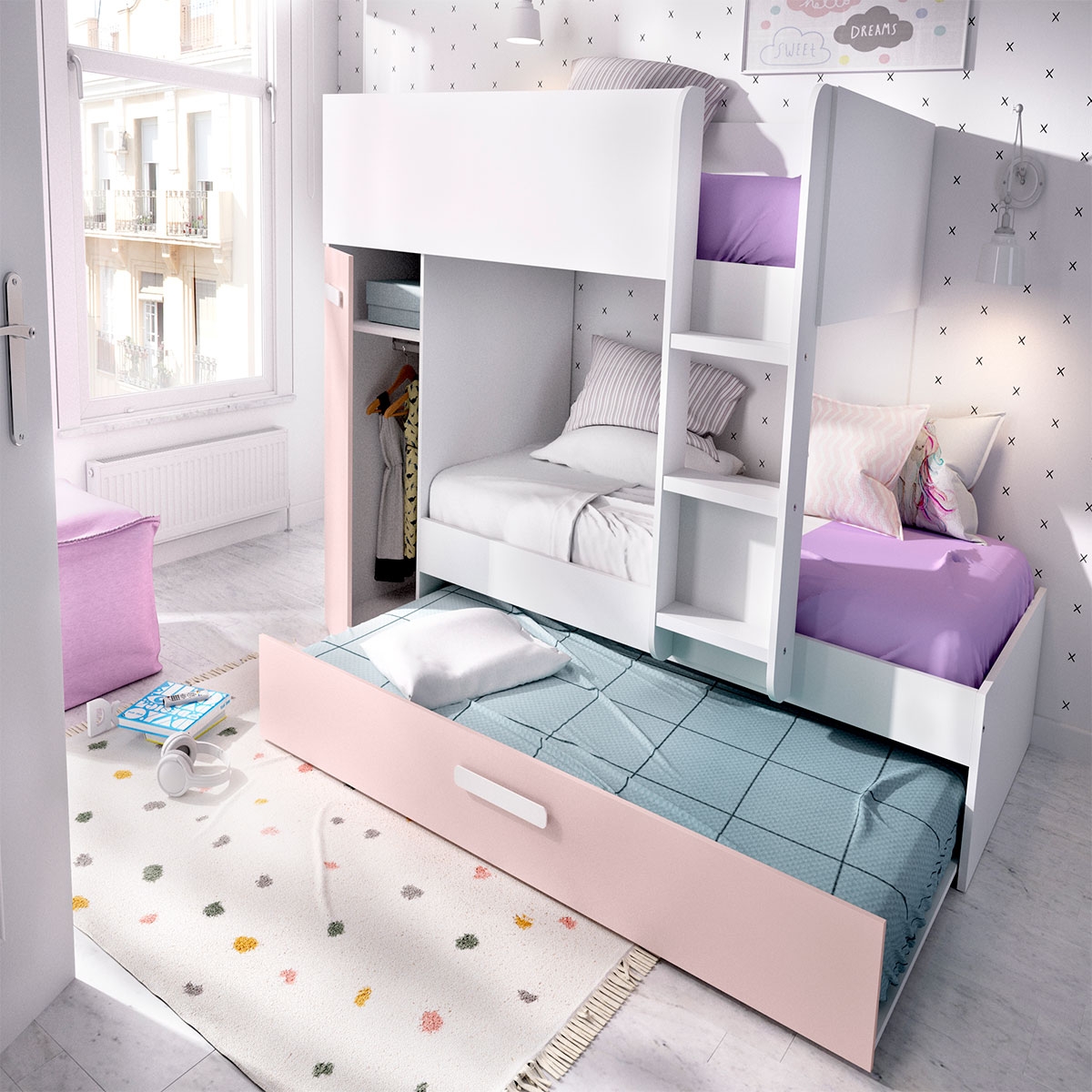 Ambiente con Cama Tren Tom 3 Betten Weiß/Pink