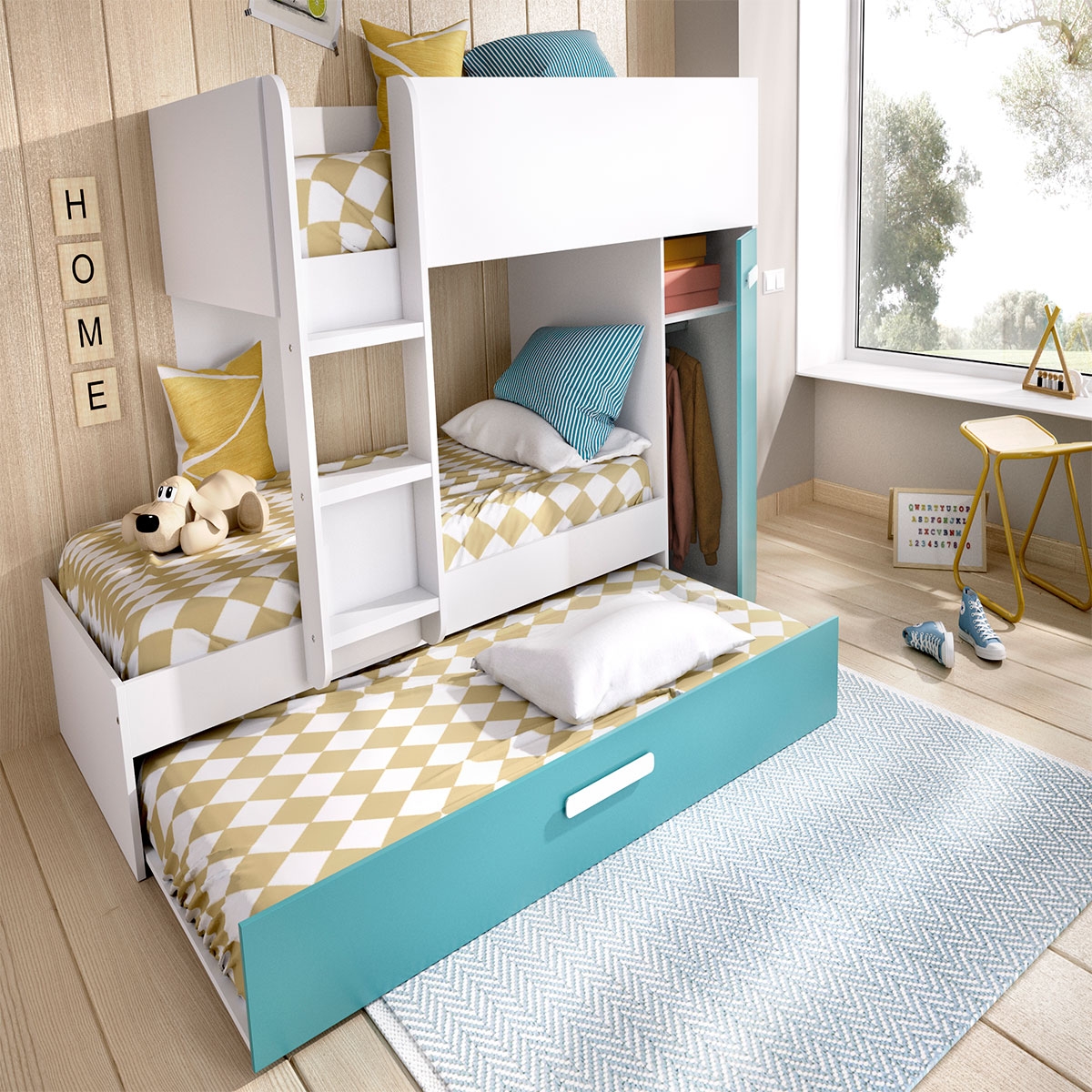 Ambiente com Cama Tom Train 3 Camas Branco/Esmeralda - 2