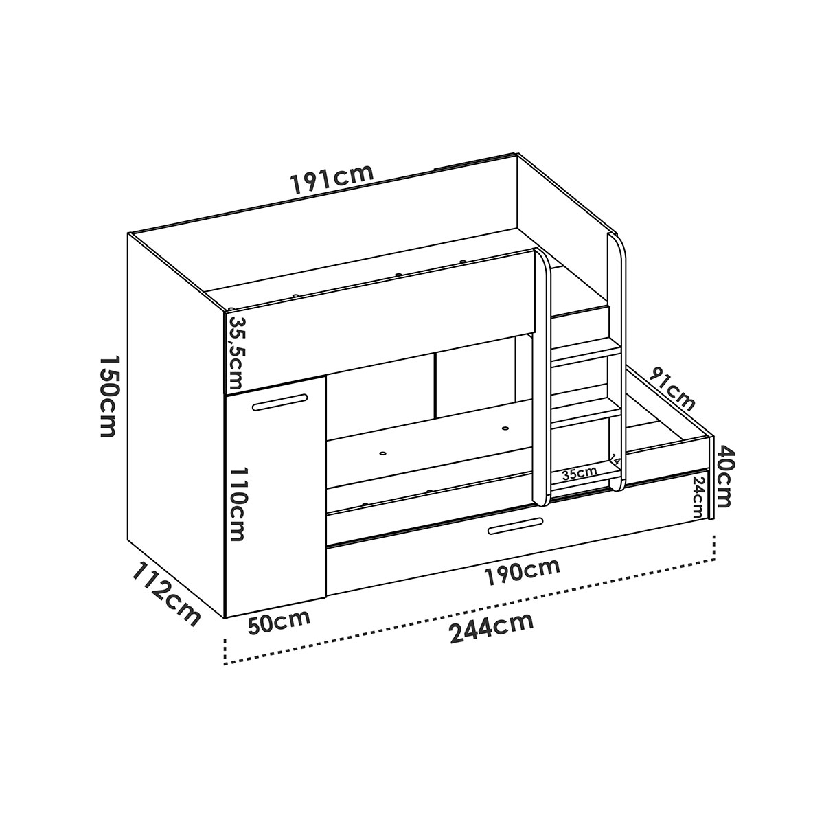 Tom Train Bettmaße 3 Betten Weiß/Smaragd