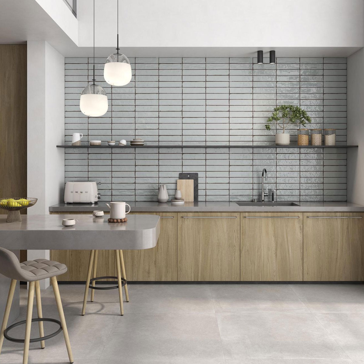 Interior con pavimento Mosel Ash 90x90