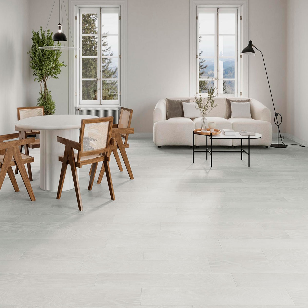 Sala con pavimento Eternity Blanco 20x120