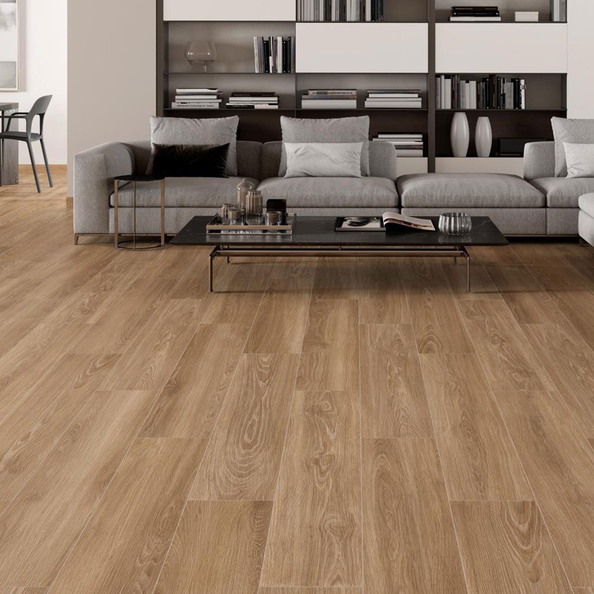 Sala con pavimento ES Nera Nogal 20x120