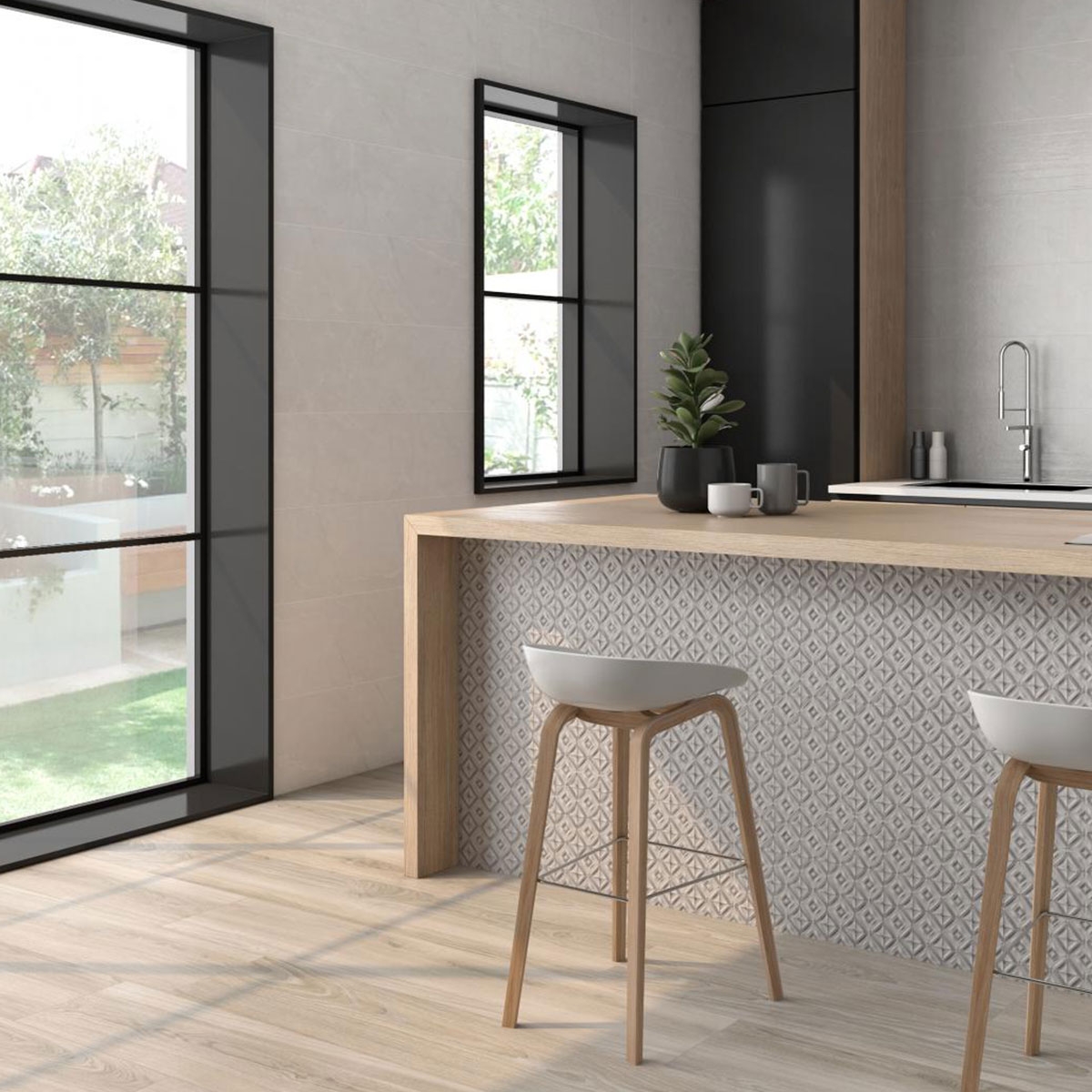 Cocina con pavimento ES Nera Haya 20x120