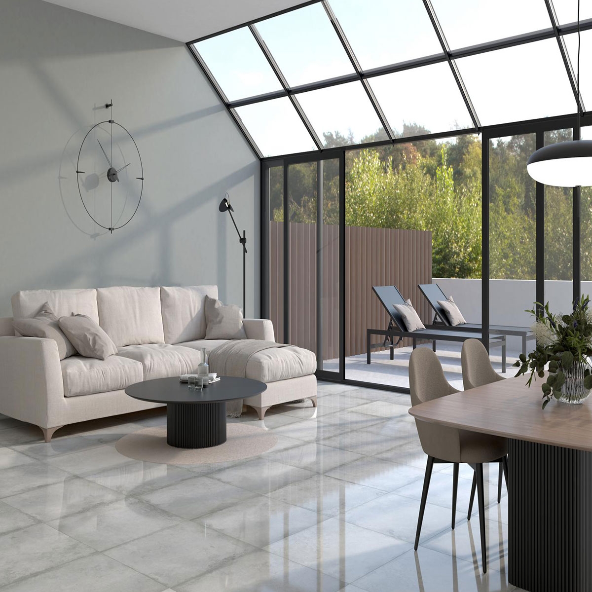 Sala de estar com pavimento Alloy Pearl 60x60