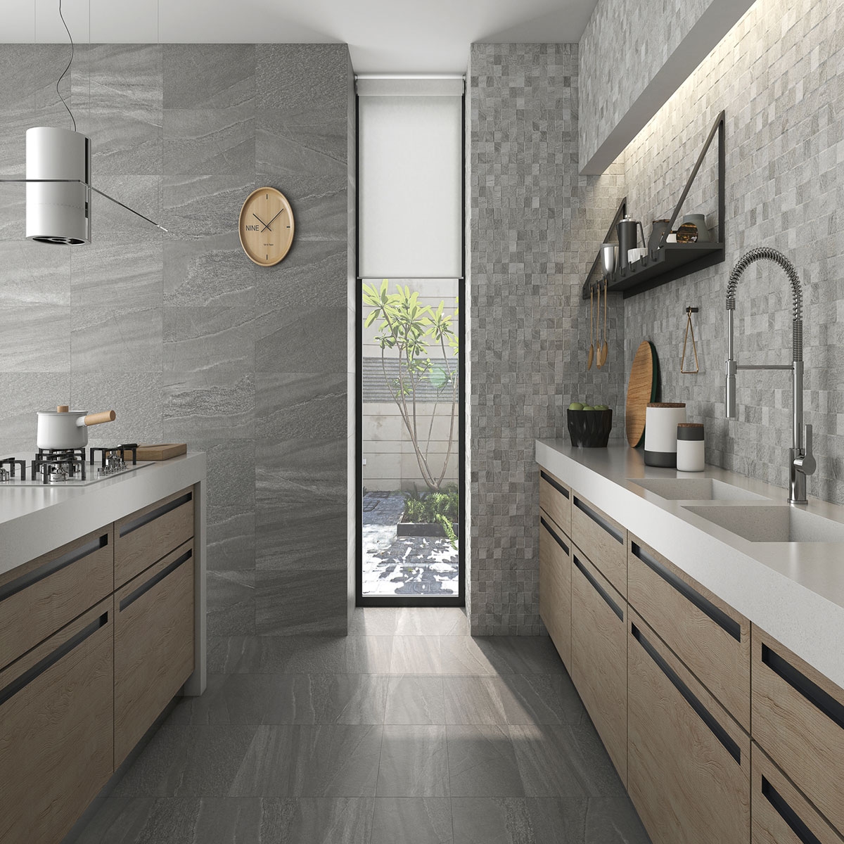 Intérieur avec revêtement de sol et revêtement Falcon Grey 30x60