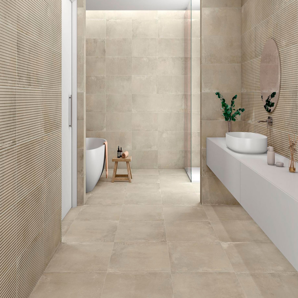 Baño con pavimento Hazel Marfil 60x60