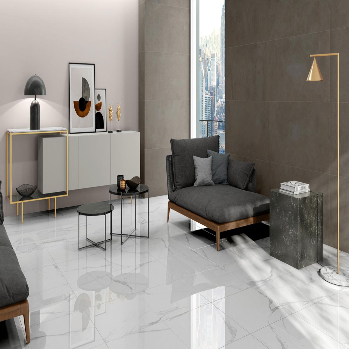 Living room with ES Omnia Noce cladding 60x120