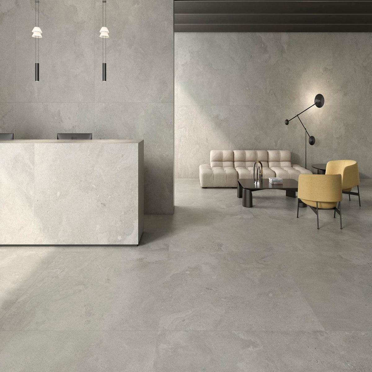 Interior with Portlandstone Gray pavement 120x120