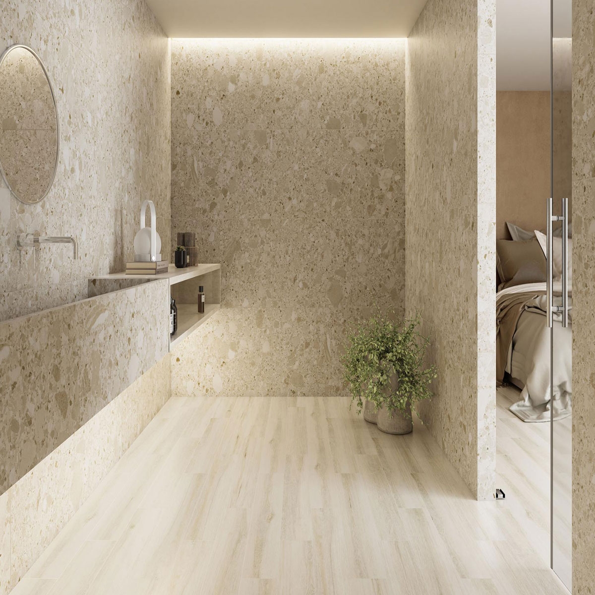 Salle de bain avec dallage Cenere Forest 15x90